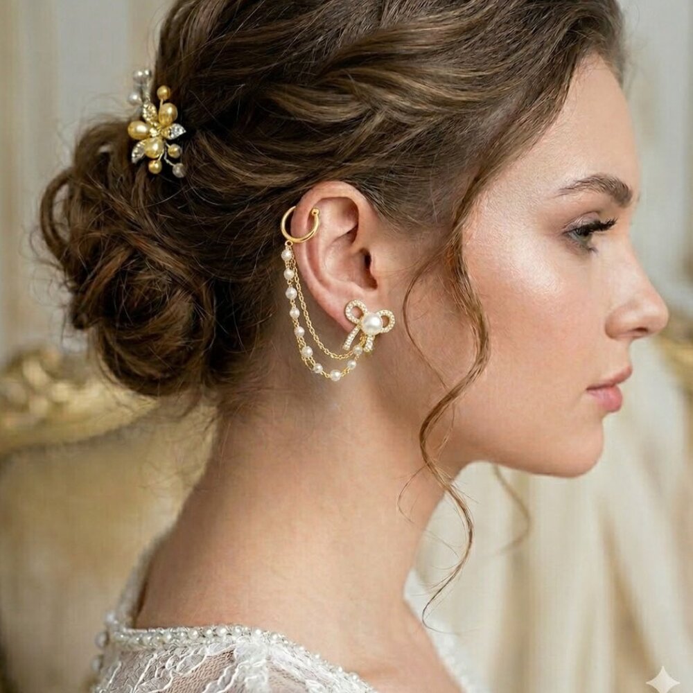 Wrapped in a Bow Gold Pearl Ear Cuff | CZ & Pearl Chain Drop | NEW